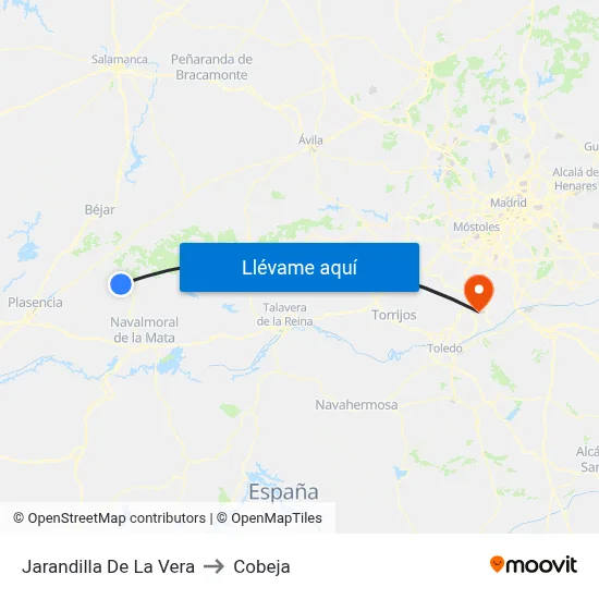 Jarandilla De La Vera to Cobeja map