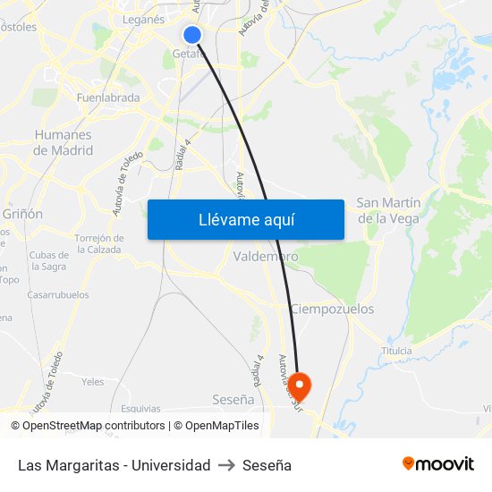 Las Margaritas - Universidad to Seseña map