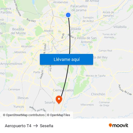 Aeropuerto T4 to Seseña map