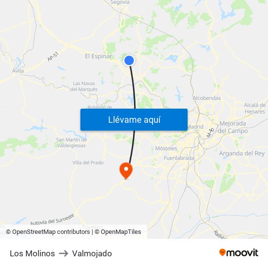 Los Molinos to Valmojado map