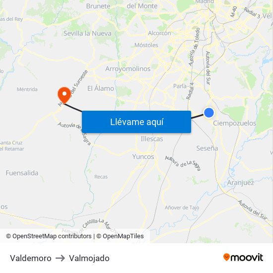 Valdemoro to Valmojado map