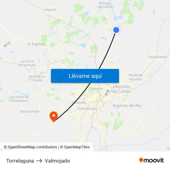 Torrelaguna to Valmojado map