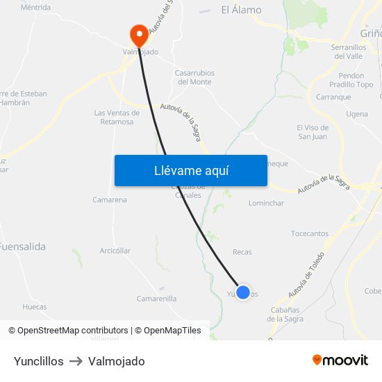 Yunclillos to Valmojado map