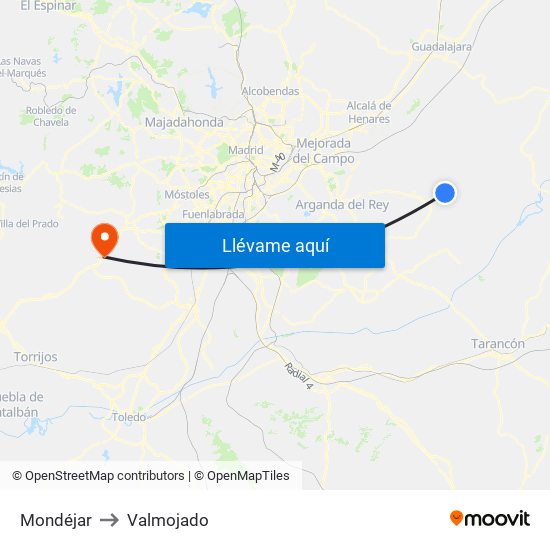 Mondéjar to Valmojado map