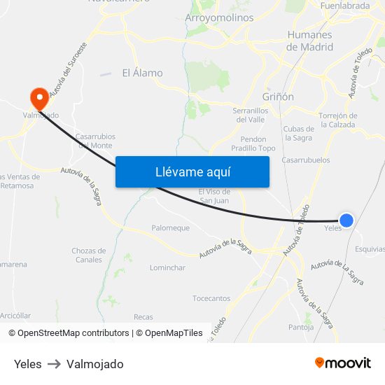 Yeles to Valmojado map