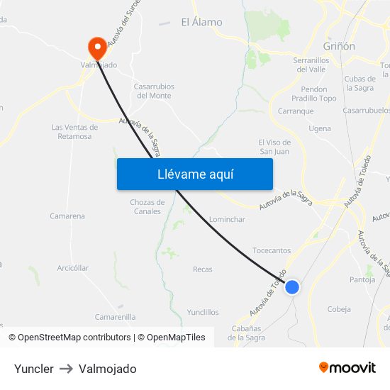 Yuncler to Valmojado map