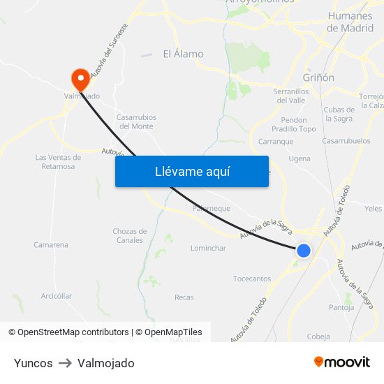 Yuncos to Valmojado map