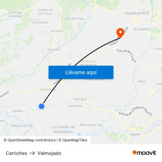 Carriches to Valmojado map