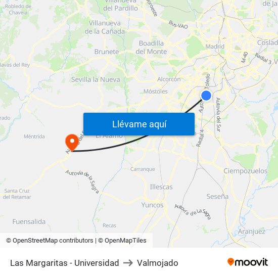 Las Margaritas - Universidad to Valmojado map