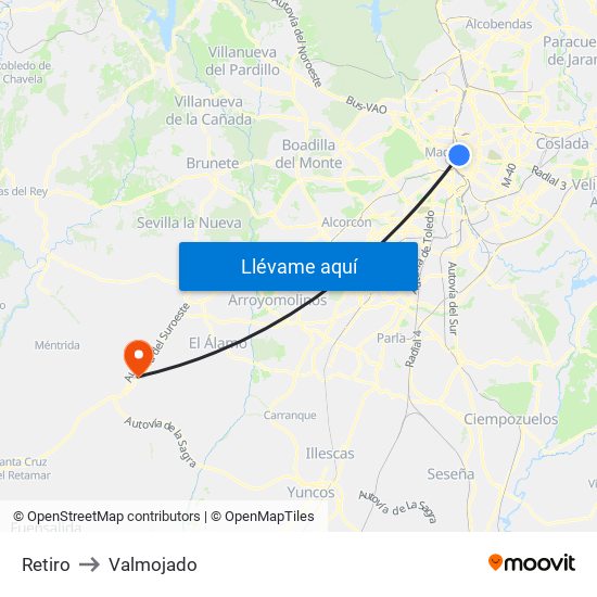 Retiro to Valmojado map