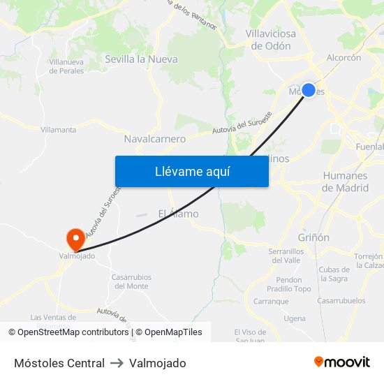 Móstoles Central to Valmojado map