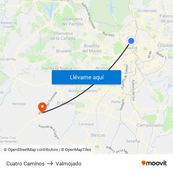 Cuatro Caminos to Valmojado map