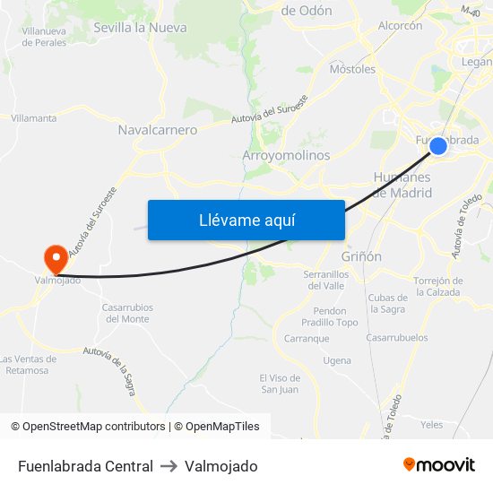 Fuenlabrada Central to Valmojado map