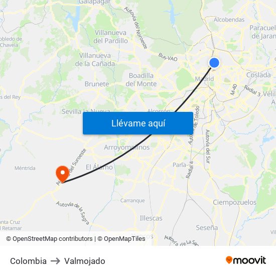 Colombia to Valmojado map