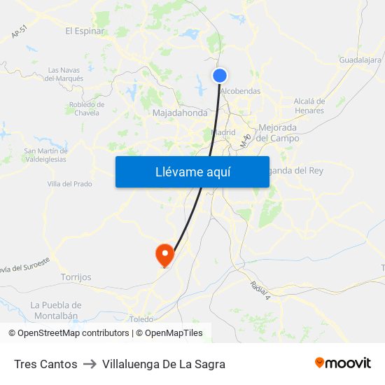 Tres Cantos to Villaluenga De La Sagra map