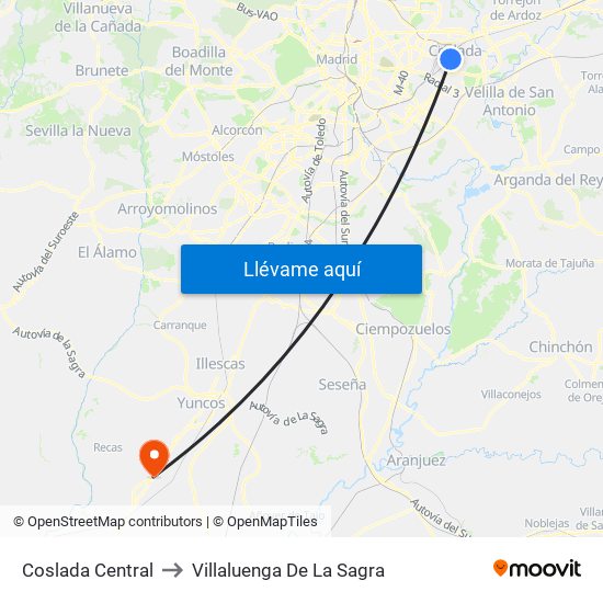 Coslada Central to Villaluenga De La Sagra map