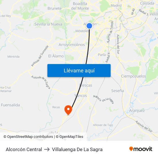Alcorcón Central to Villaluenga De La Sagra map