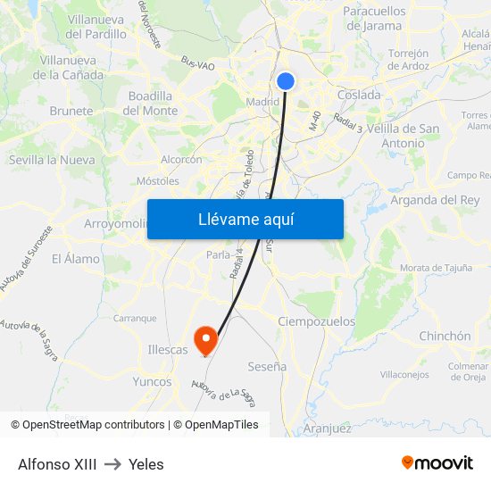 Alfonso XIII to Yeles map