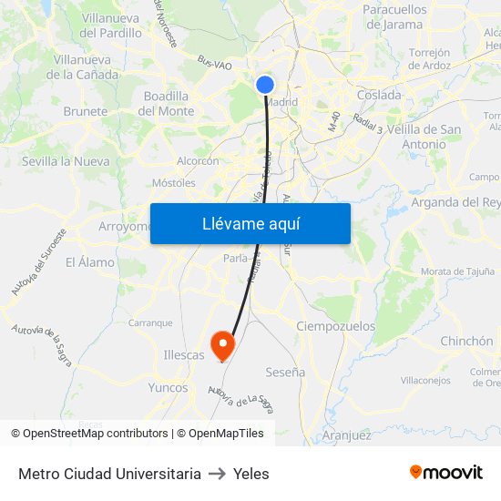 Metro Ciudad Universitaria to Yeles map