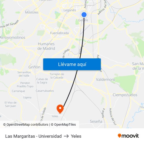 Las Margaritas - Universidad to Yeles map