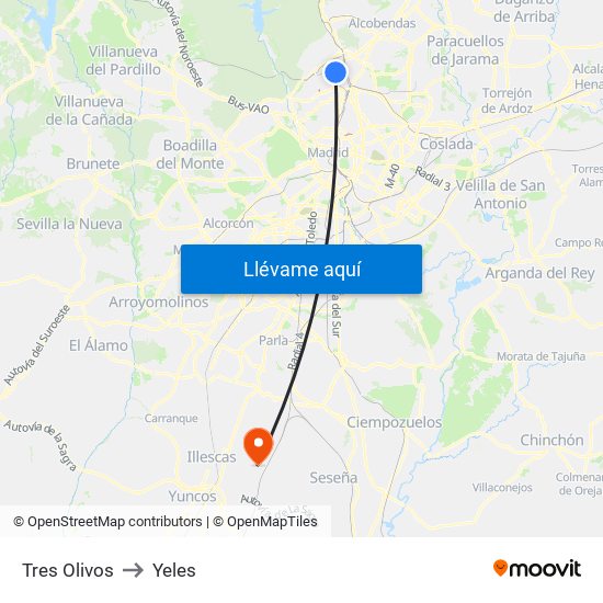 Tres Olivos to Yeles map