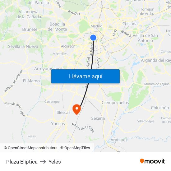 Plaza Elíptica to Yeles map