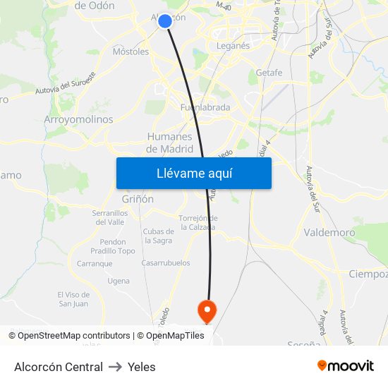 Alcorcón Central to Yeles map