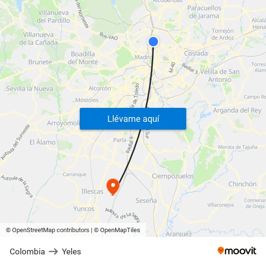 Colombia to Yeles map