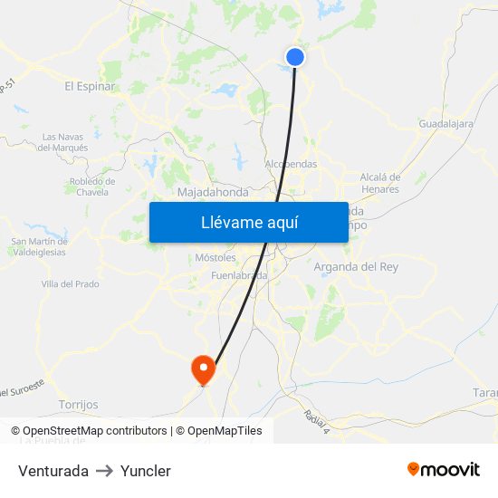Venturada to Yuncler map