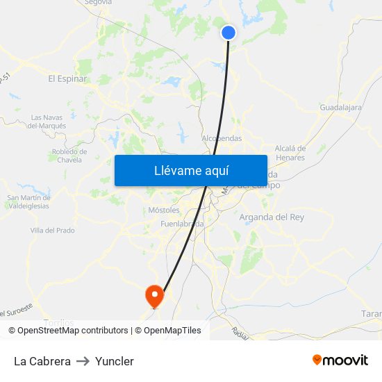 La Cabrera to Yuncler map