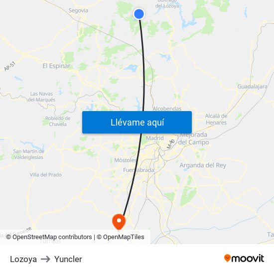 Lozoya to Yuncler map