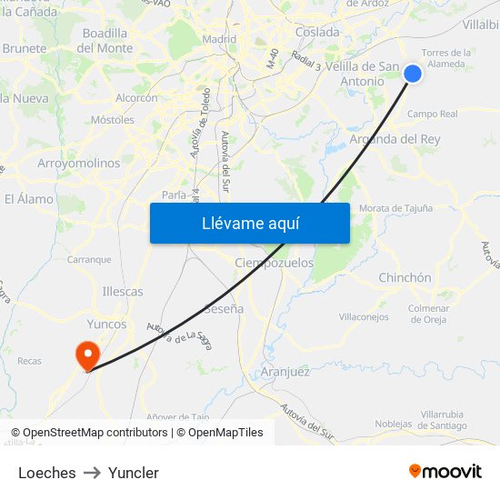 Loeches to Yuncler map