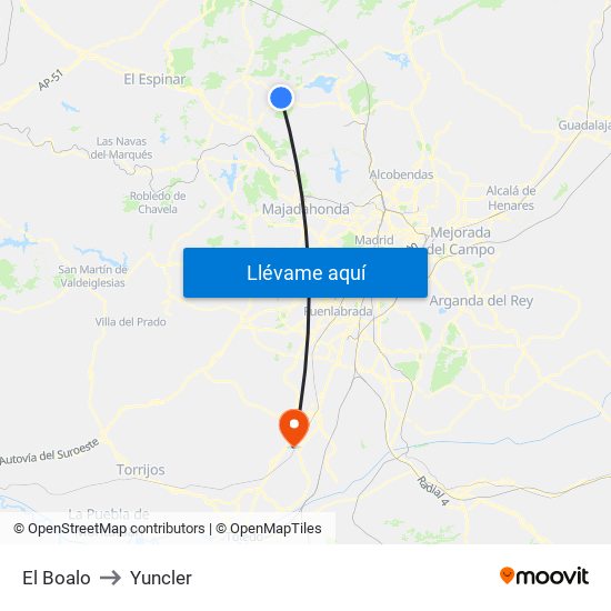 El Boalo to Yuncler map