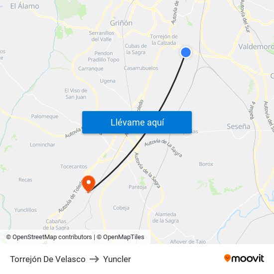 Torrejón De Velasco to Yuncler map