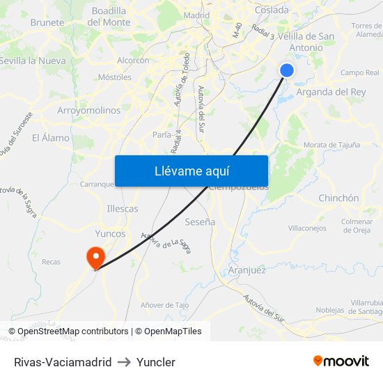 Rivas-Vaciamadrid to Yuncler map