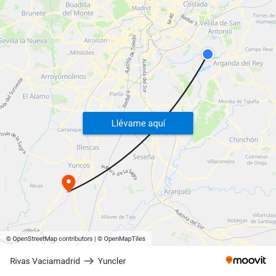 Rivas Vaciamadrid to Yuncler map
