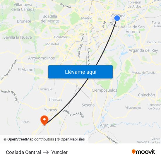 Coslada Central to Yuncler map