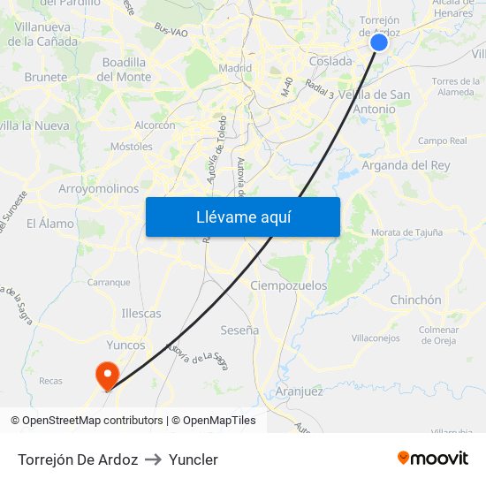 Torrejón De Ardoz to Yuncler map