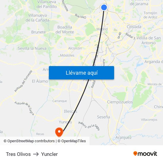 Tres Olivos to Yuncler map
