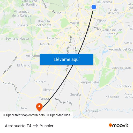 Aeropuerto T4 to Yuncler map