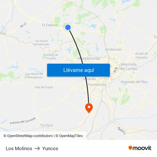 Los Molinos to Yuncos map