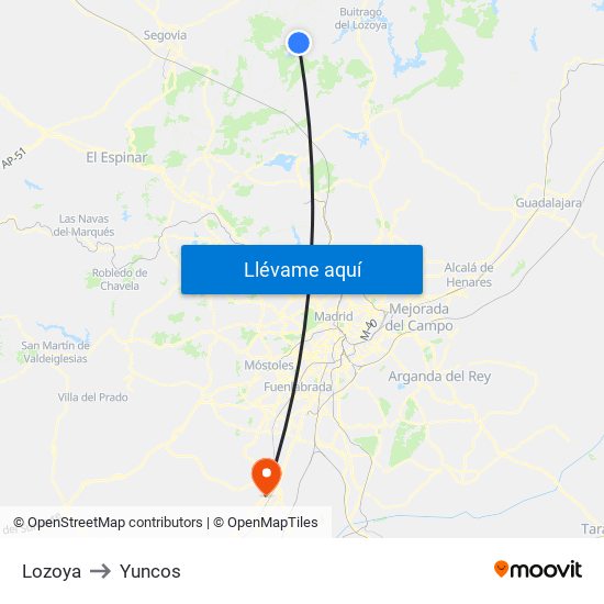 Lozoya to Yuncos map