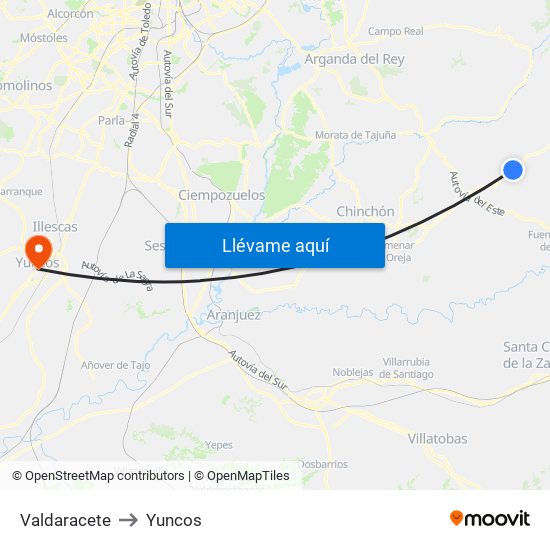 Valdaracete to Yuncos map