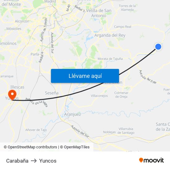 Carabaña to Yuncos map