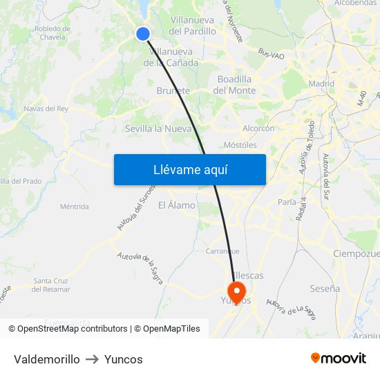 Valdemorillo to Yuncos map