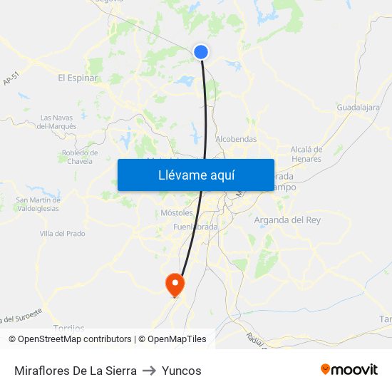 Miraflores De La Sierra to Yuncos map
