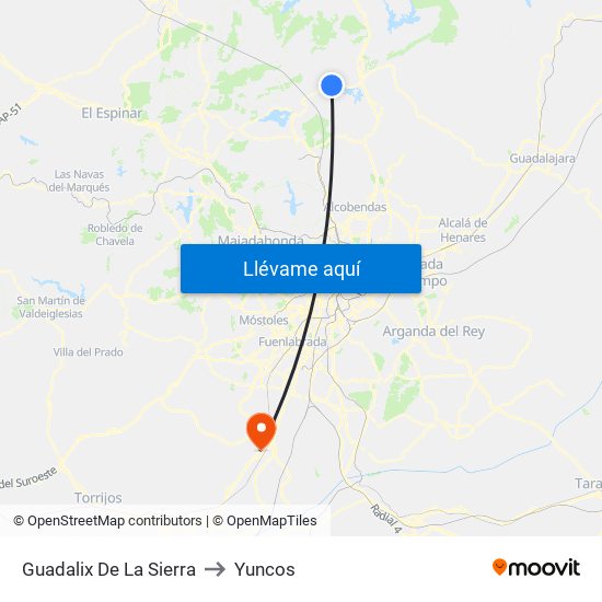 Guadalix De La Sierra to Yuncos map