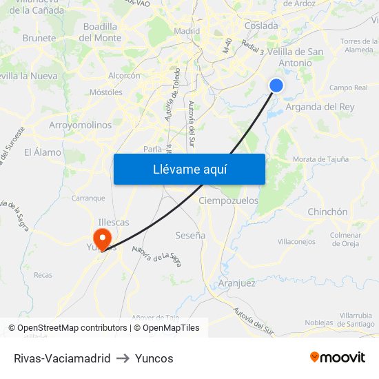 Rivas-Vaciamadrid to Yuncos map
