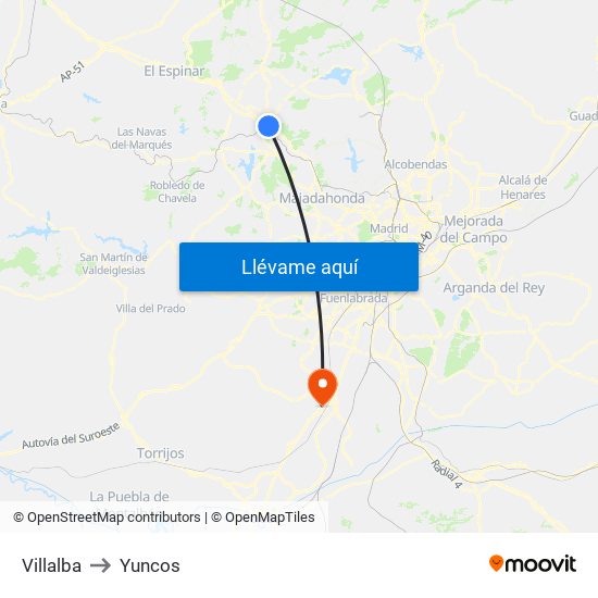 Villalba to Yuncos map