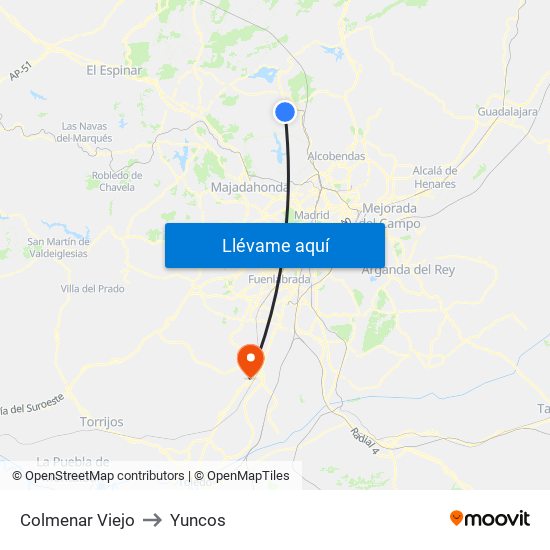 Colmenar Viejo to Yuncos map